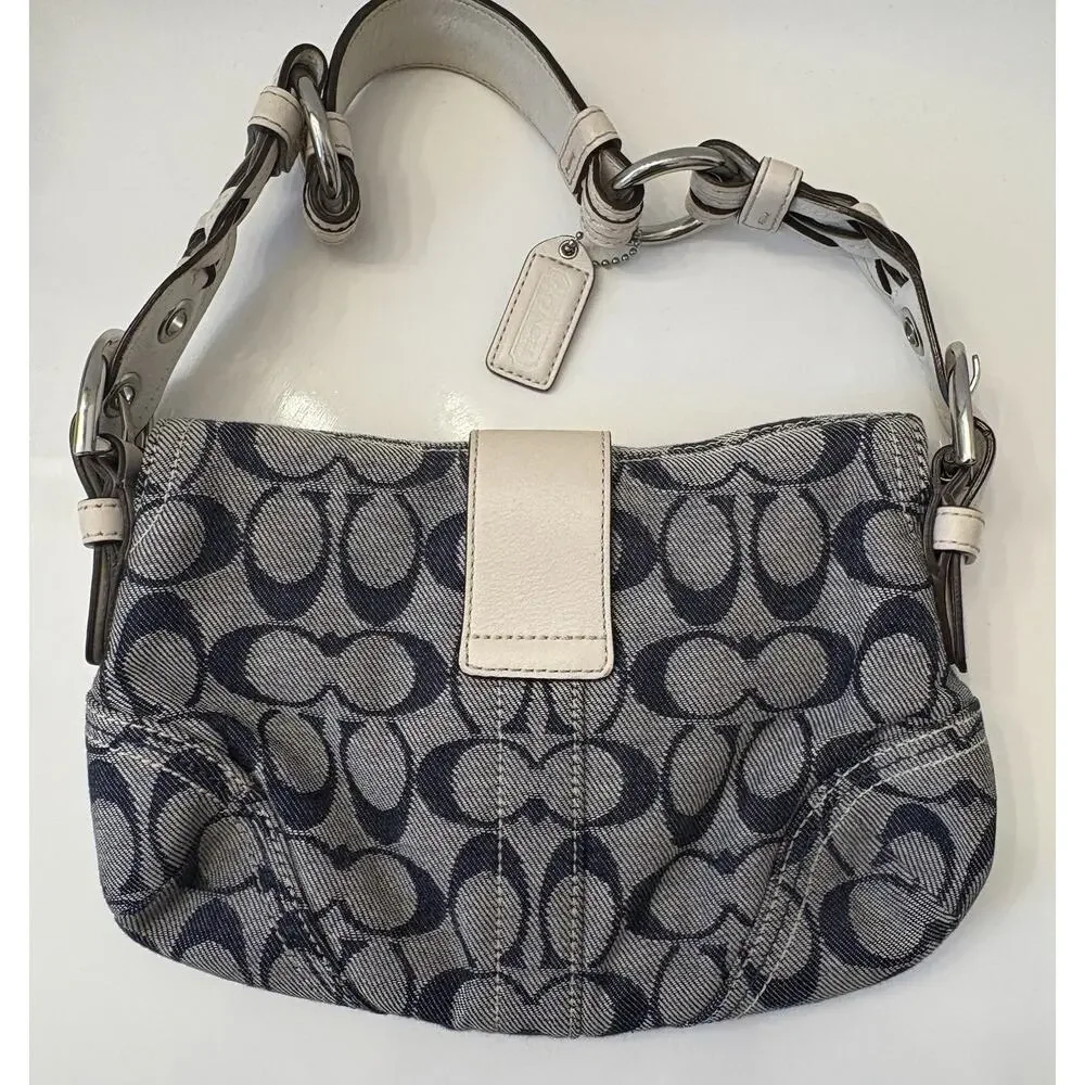 Vintage Coach Soho Pleated Hobo Blue Signature Jacquard White Leather Y2K